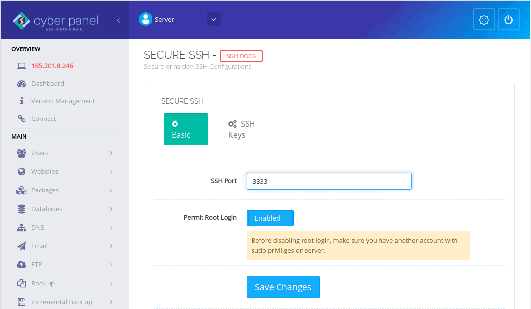 Change SSH port in CyberPanel