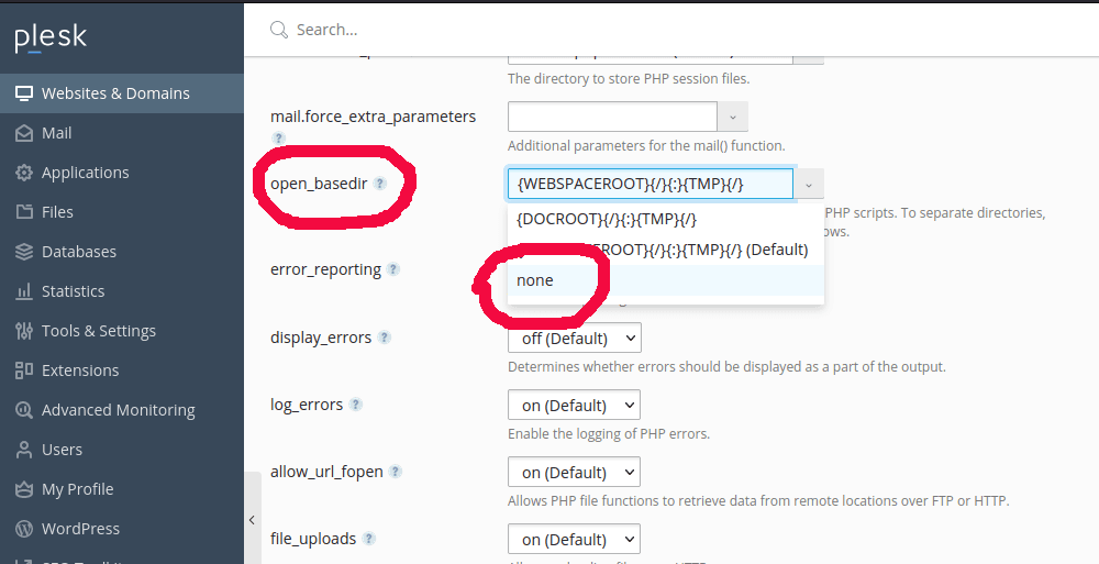 Disable open_basedir in plesk server