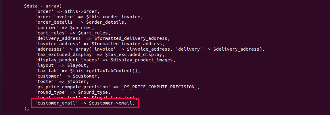 PrestaShop add customer email to invoice