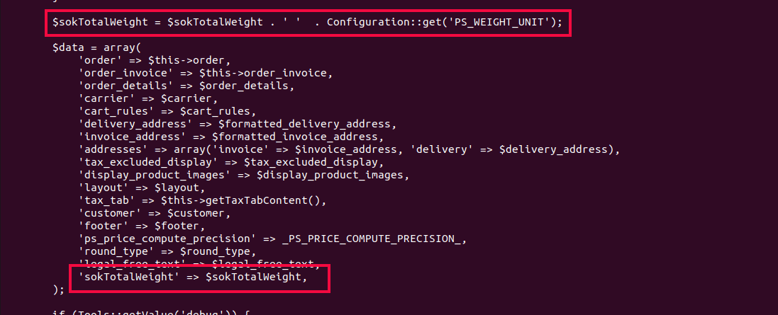 PrestaShop show total product weight in PDF invoice
